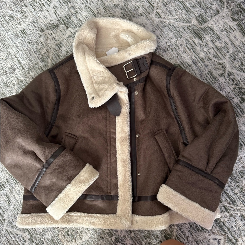 Brown and Cream Puffer Jacket with Shearling Accents